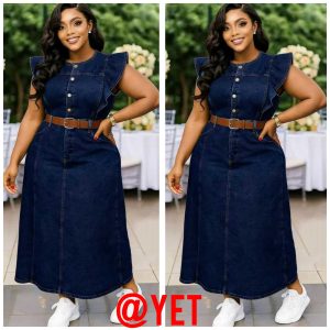 denim ruffle-sleeve button-front maxi dress