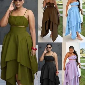 spaghetti strap crop top and high-waist irregular layered maxi skirt set
